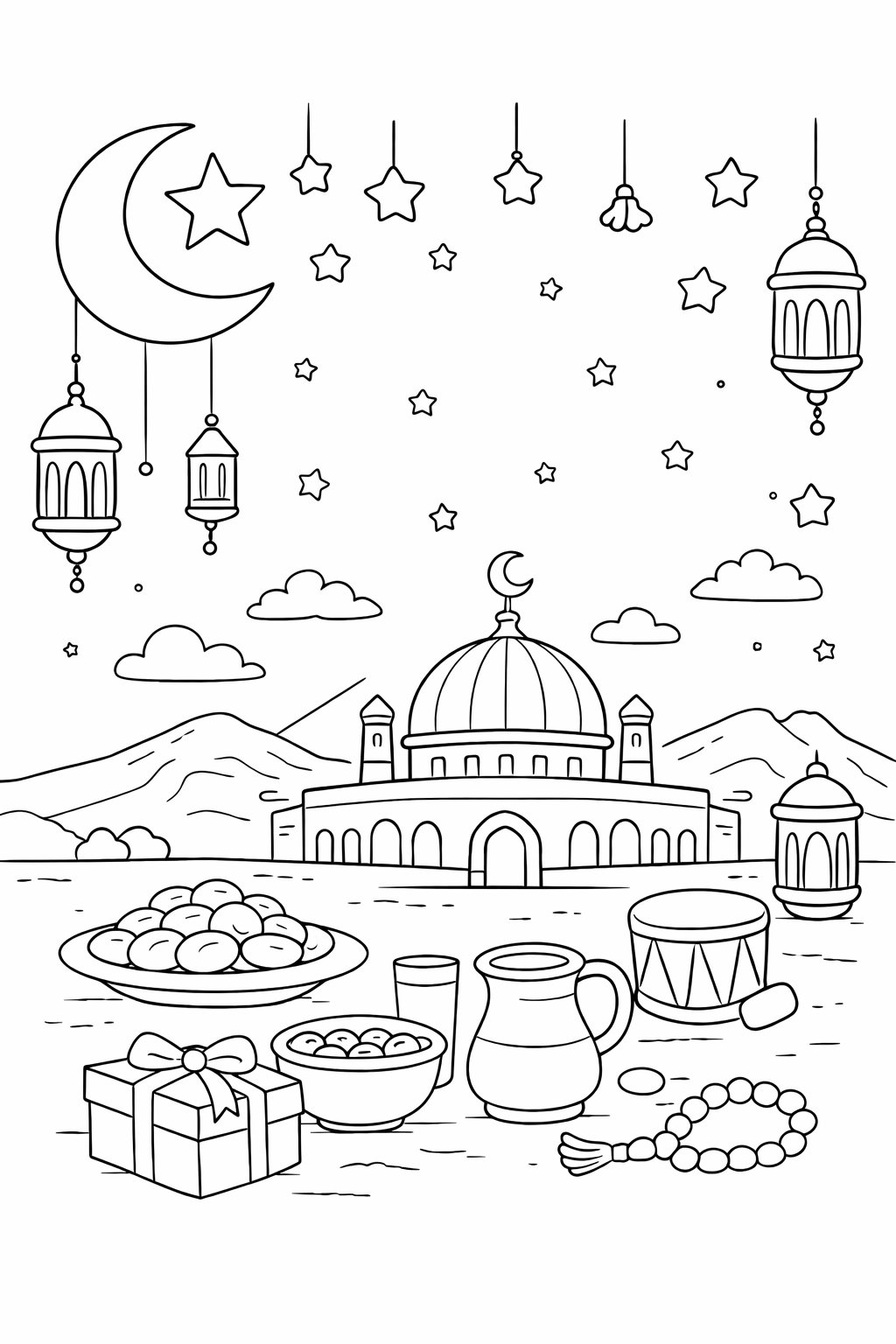 Ramadan Mubarak kleurplaat - zwart-wit lijntekening