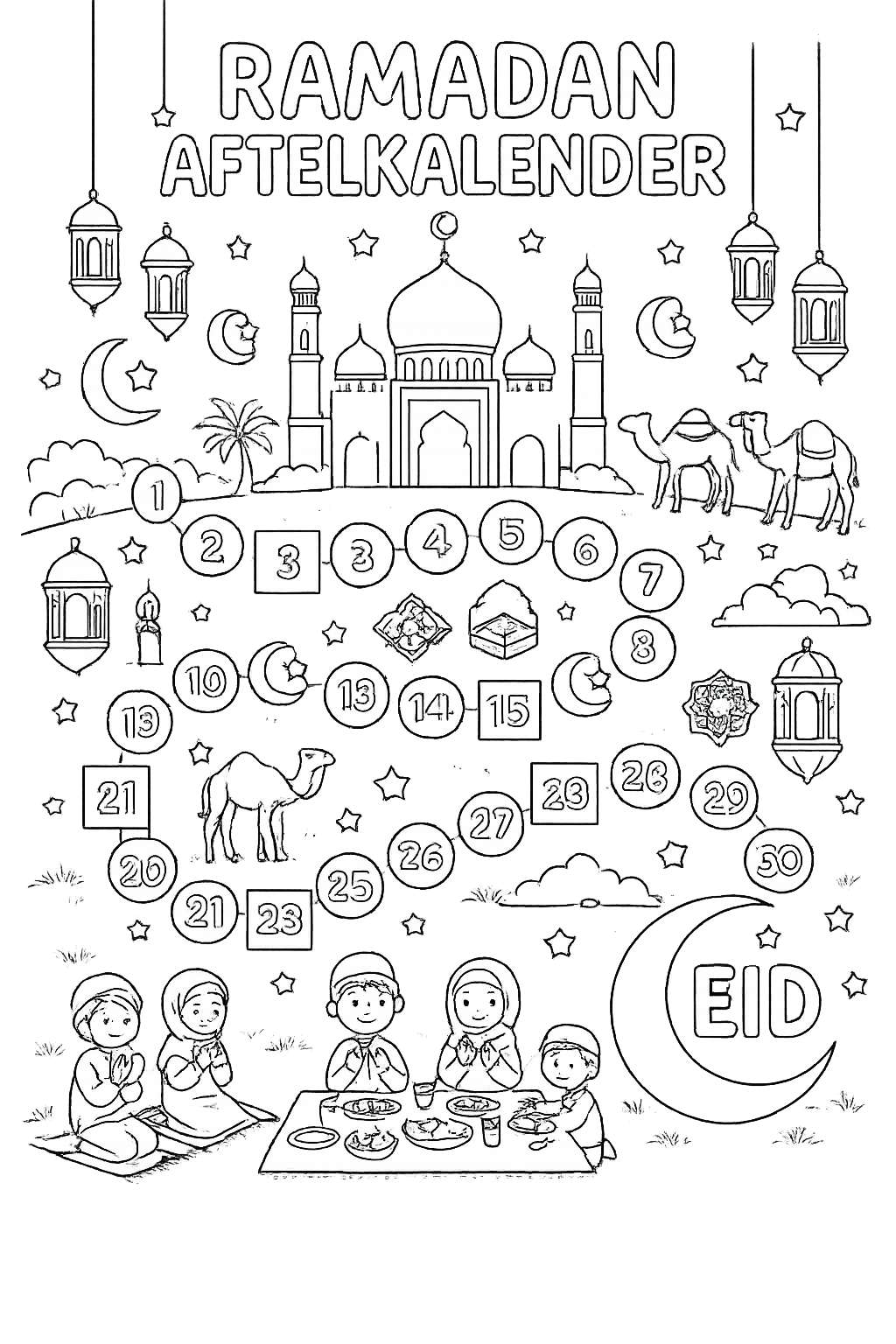 Ramadan kalender Malvorlage Linienzeichnung