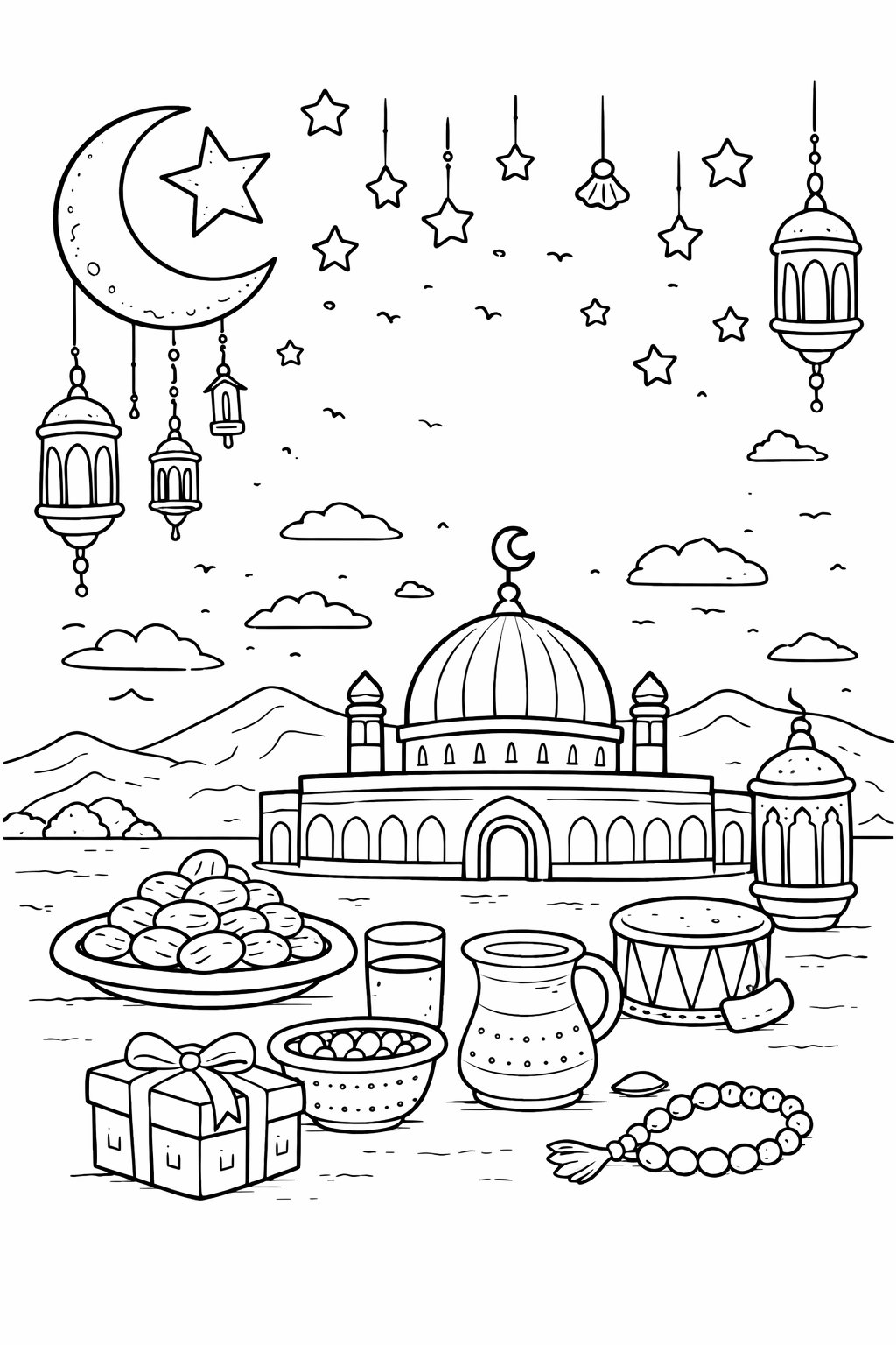 Ramadan Mubarak Malvorlage Linienzeichnung