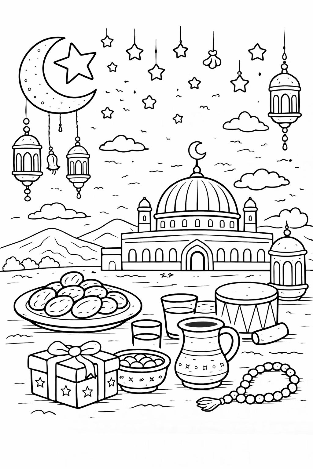 Dibujo para colorear Ramadan Mubarak line art