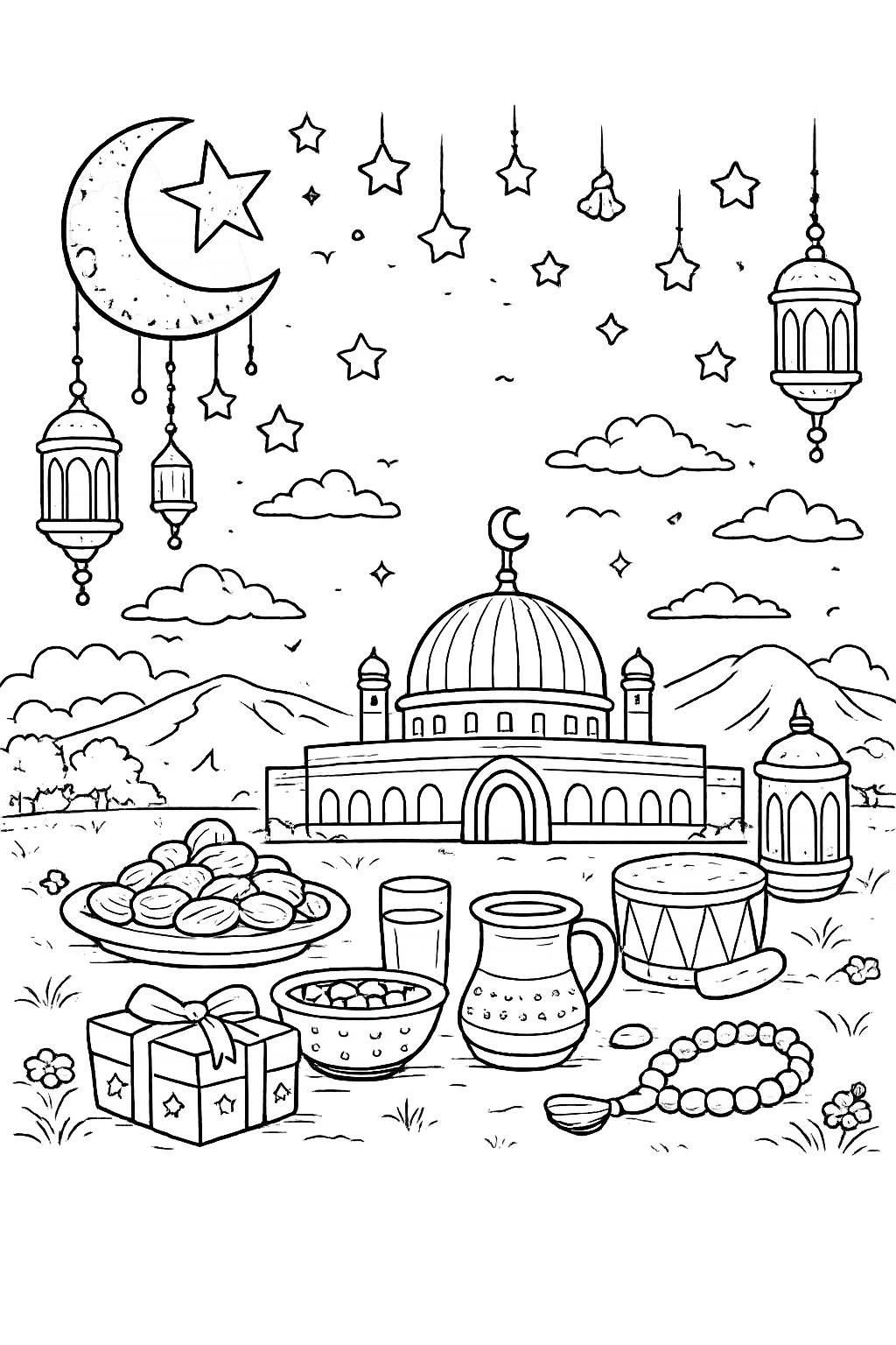 Ramadan Mubarak coloring page line art