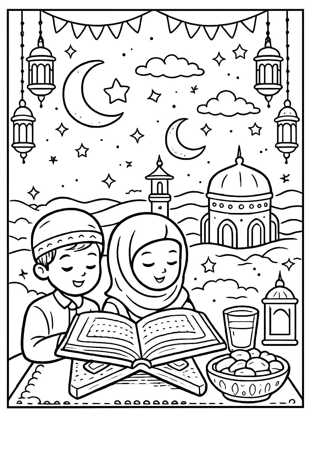 Ramadan kleurplaat - zwart-wit lijntekening