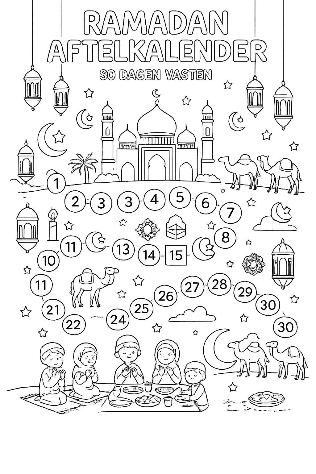 Ramadan kalender kleurplaat - zwart-wit lijntekening