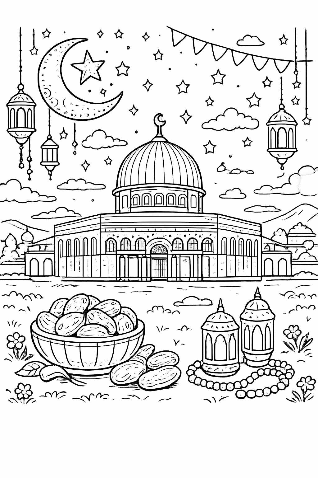 Ramadan kleurplaat - zwart-wit lijntekening