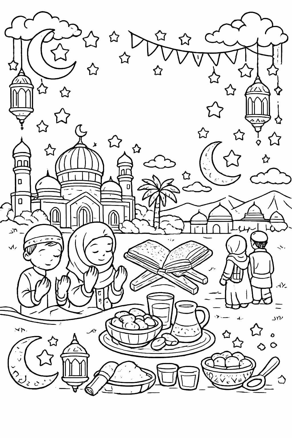 ramadan kleurplaat - zwart-wit lijntekening