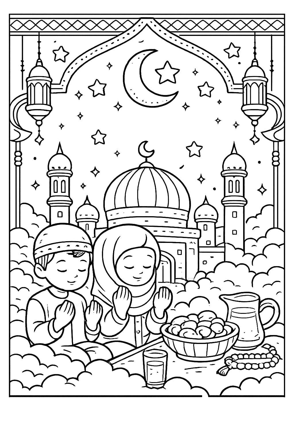 Ramadan kleurplaat - zwart-wit lijntekening