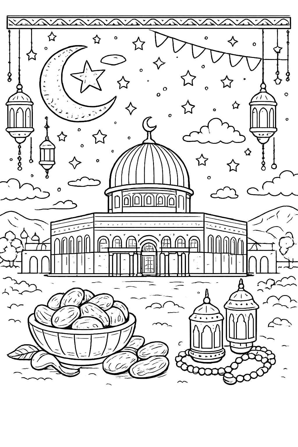 Ramadan kleurplaat - zwart-wit lijntekening