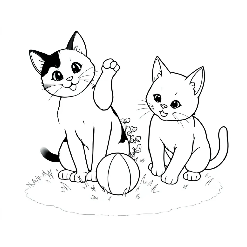 2 katten die samen spelen waarvan 1 een lapjes kat kleurplaat voor kinderen