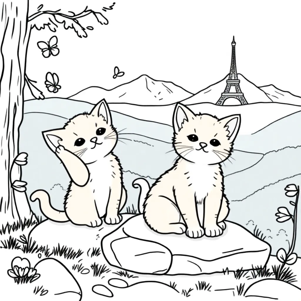 2 Kittens Op Vakantie In Frankrijk In De Bergen coloring page for children