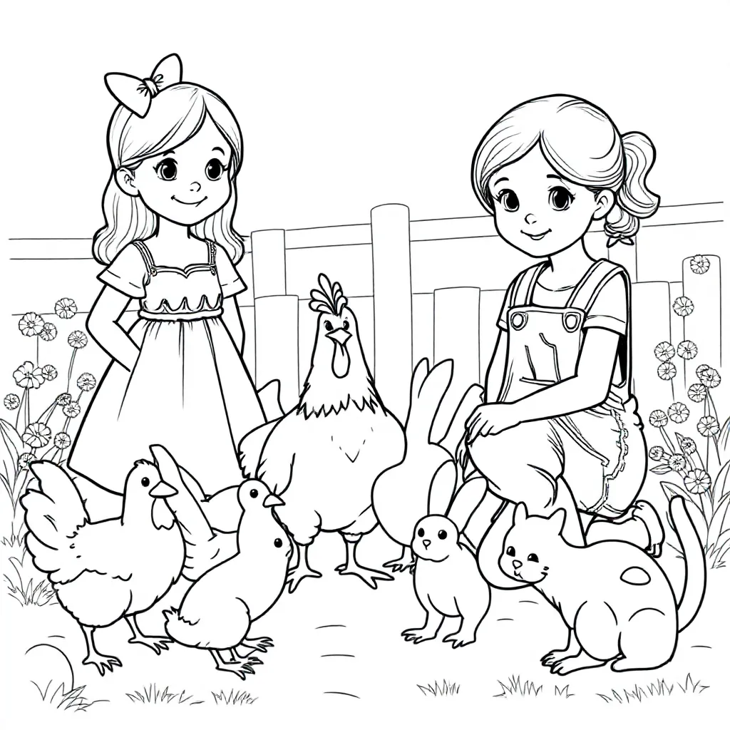 2 Meisjes Met 3 Kippen 2 Konijntjes En Een Kat coloring page for children
