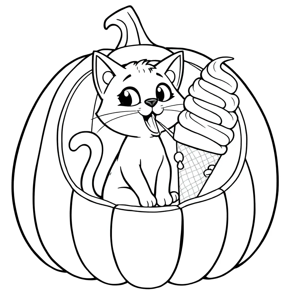 Plantilla de colorear Un gato en una calabaza disfrutando de un helado