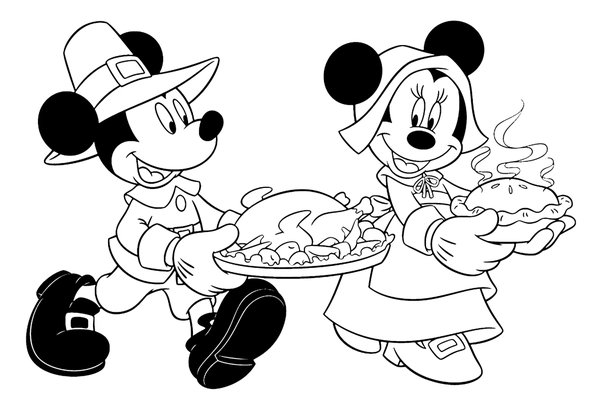 Acción de Gracias Mickey y Minnie Mouse traen comida coloring page for children