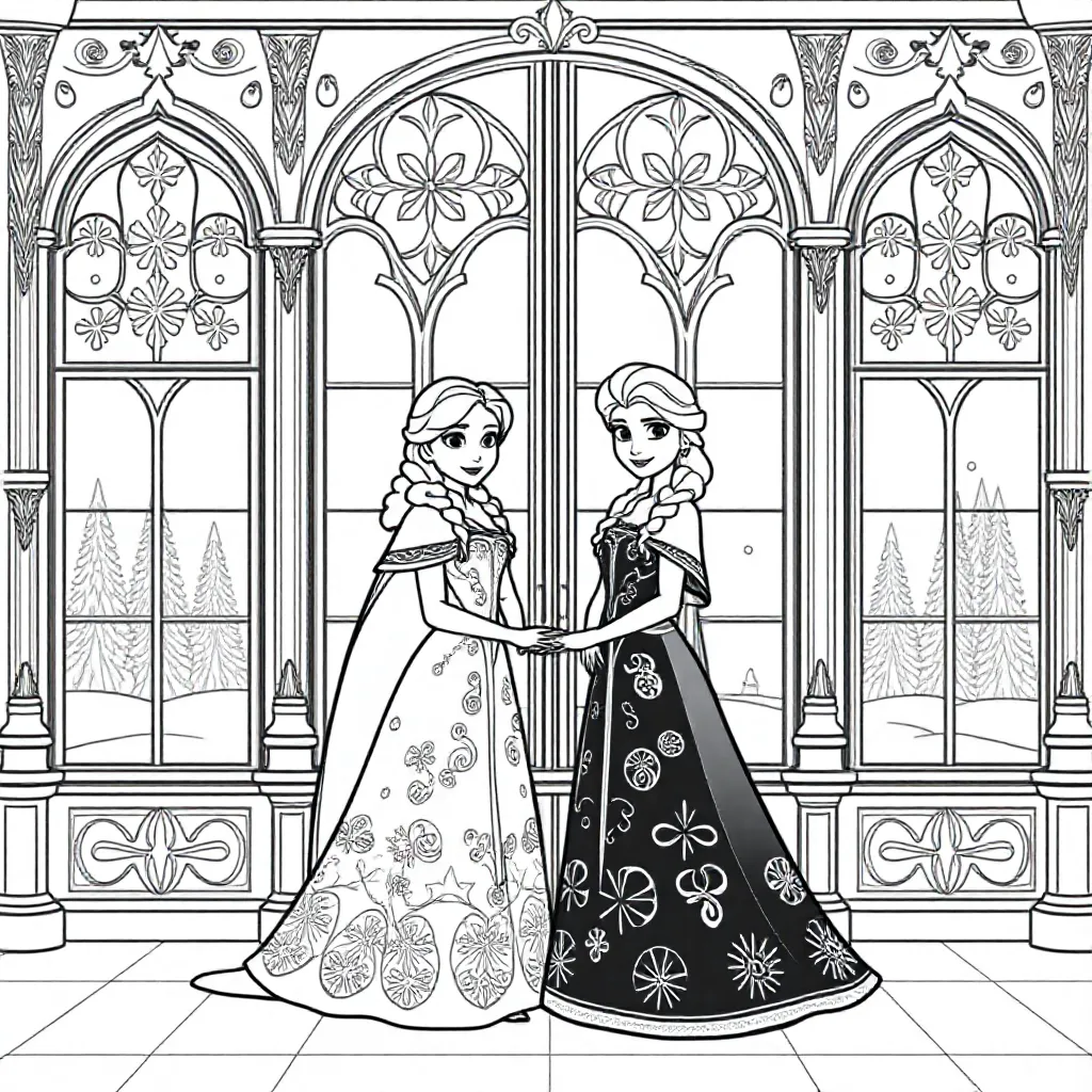 Anna En Elsa Van Frozen In Een Kasteel coloring page for children
