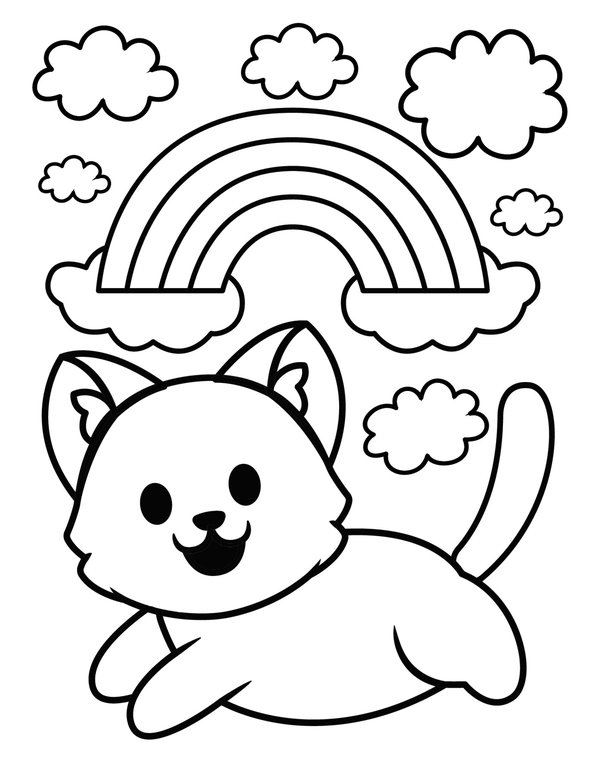 Arc-en-ciel avec chat sauteur coloring page for children