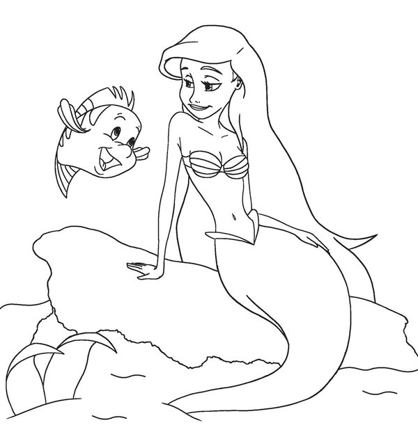 Coloring page Ariel with Flounder sitting on a rock