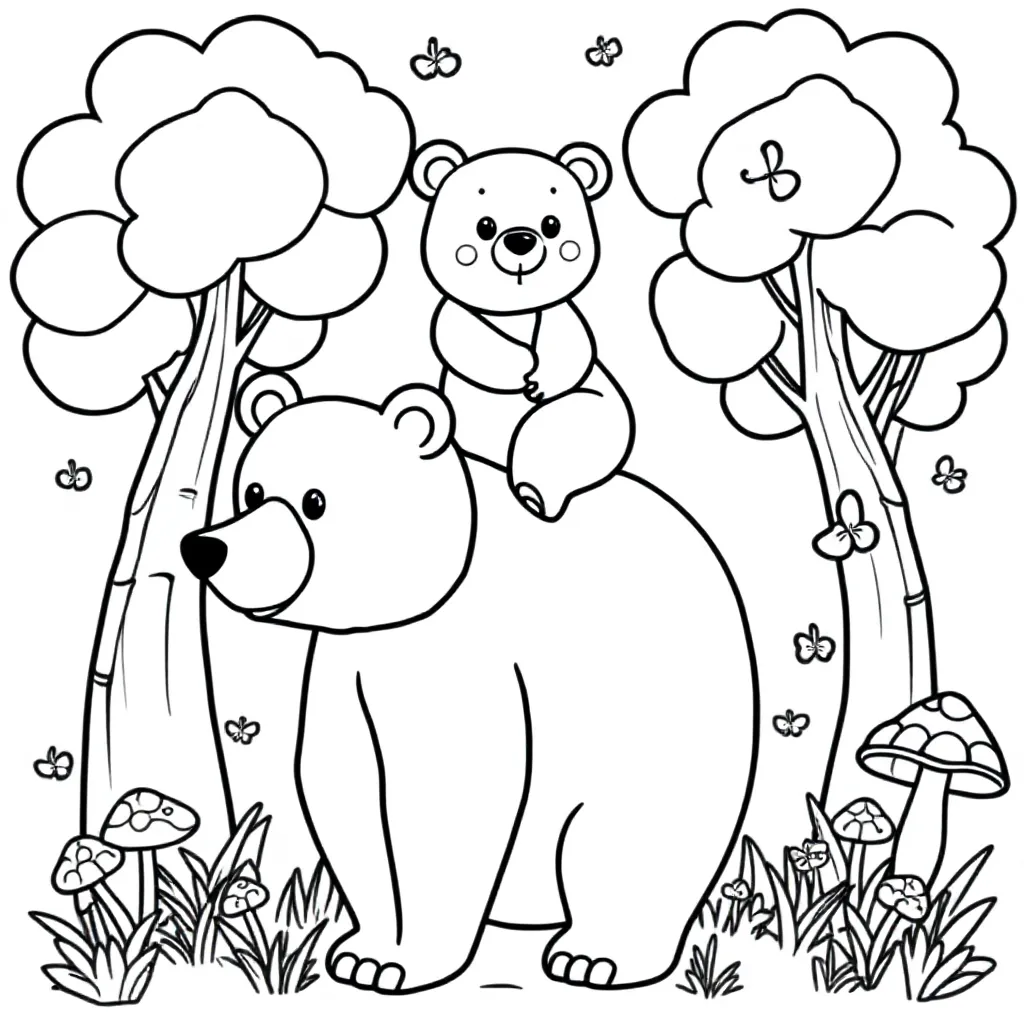 Baby Beer Op De Rug Van Papa Beer In Het Bos coloring page for children