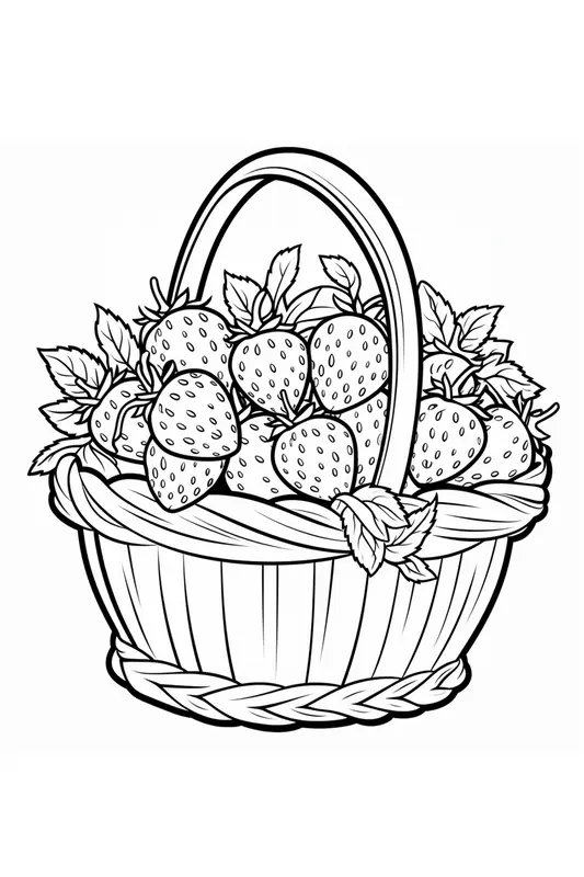 Basket With Strawberries With Leaves coloring page for children