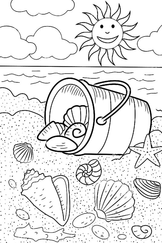Beach Bucket Shells Stones coloring page for children