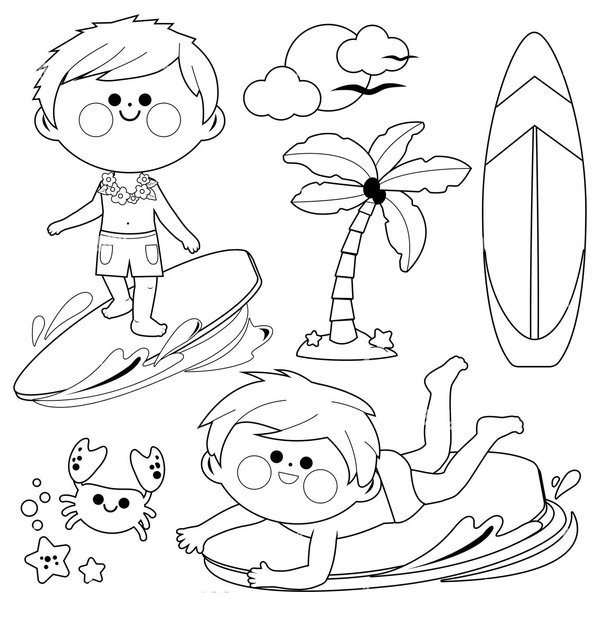 Beach Surfing Boys coloring page for children