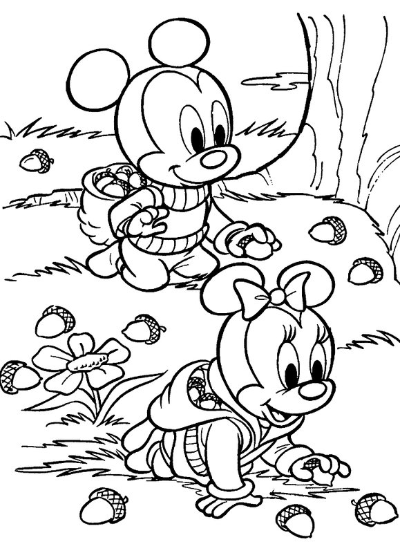 Bebe Minnie Mouse Et Mickey Ramassent Des Glands coloring page for children