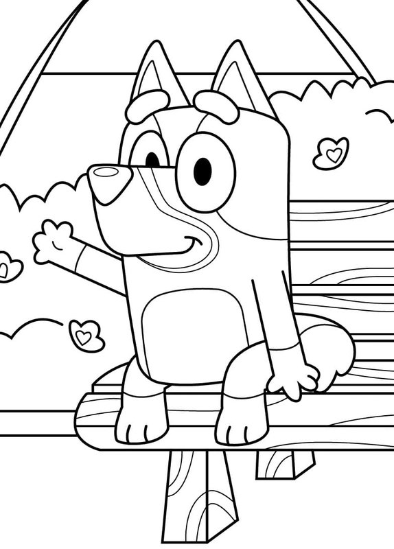 Bluey Auf Einer Bank Im Park coloring page for children