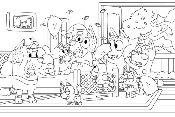 Bluey Big Pillow Fight coloring page for children