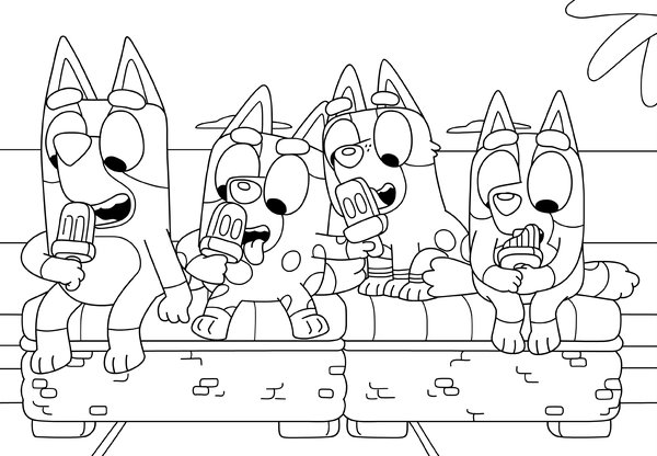 Bluey, Bingo, Muffin et Socks mangeant de la glace coloring page for children