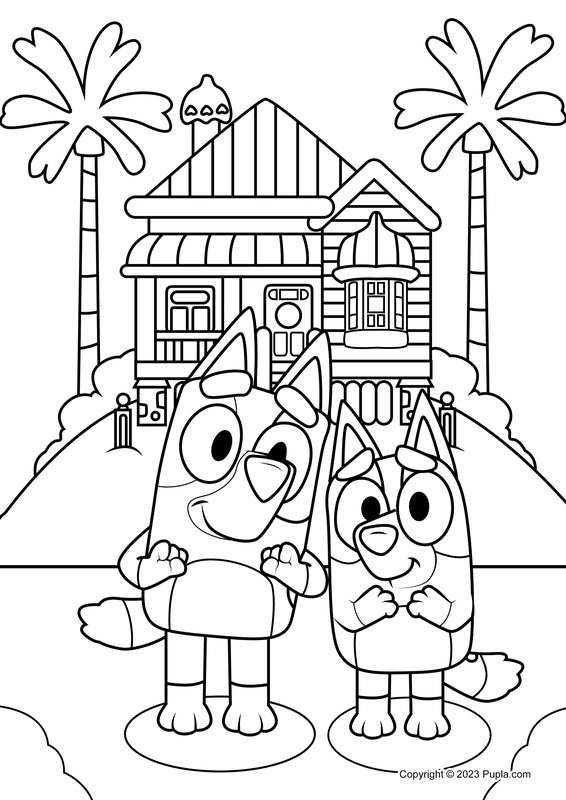 Bluey in Front of House coloring page for children