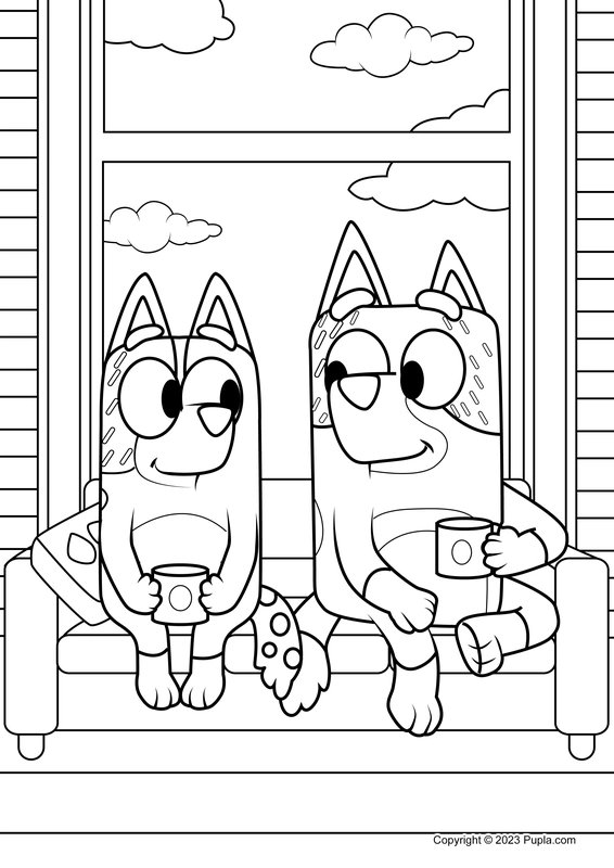 Feuille de coloriage Bluey Maman et Papa boivent du café