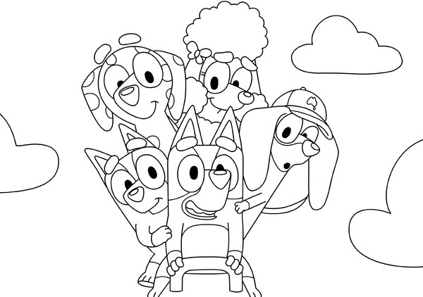 Bluey und seine Freunde auf einer Wippe coloring page for children