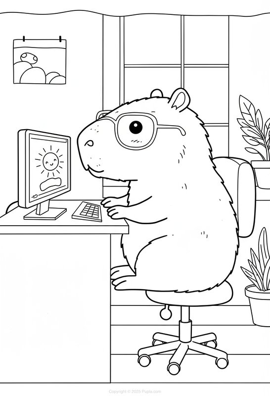 Capybara-Malvorlage beim Arbeiten am Computer