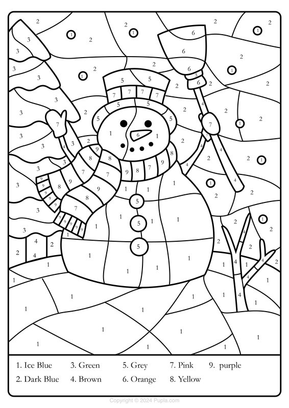 Color By Number Winter Snowman coloring page for children