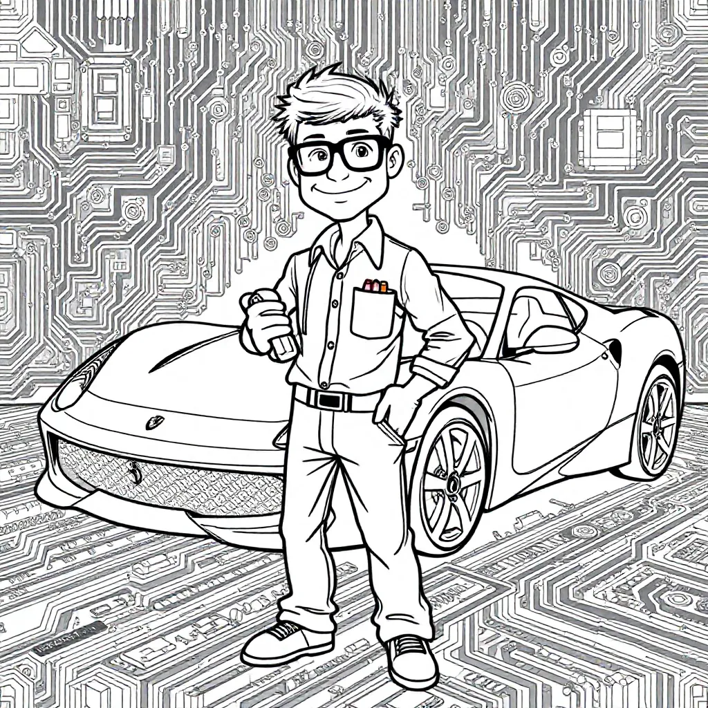 Feuille de coloriage: Nerd informatique gratuit avec une Ferrari Feuille de coloriage pour enfants