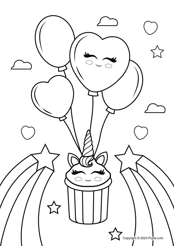 Cupcake licorne et ballons coloring page for children