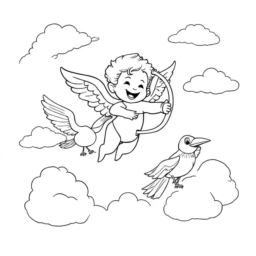 Cupido In De Lucht Met Een Raaf coloring page for children