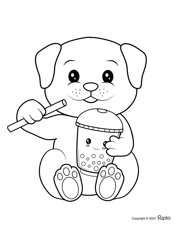 Cute Dog Holding Boba Tea coloring page for children