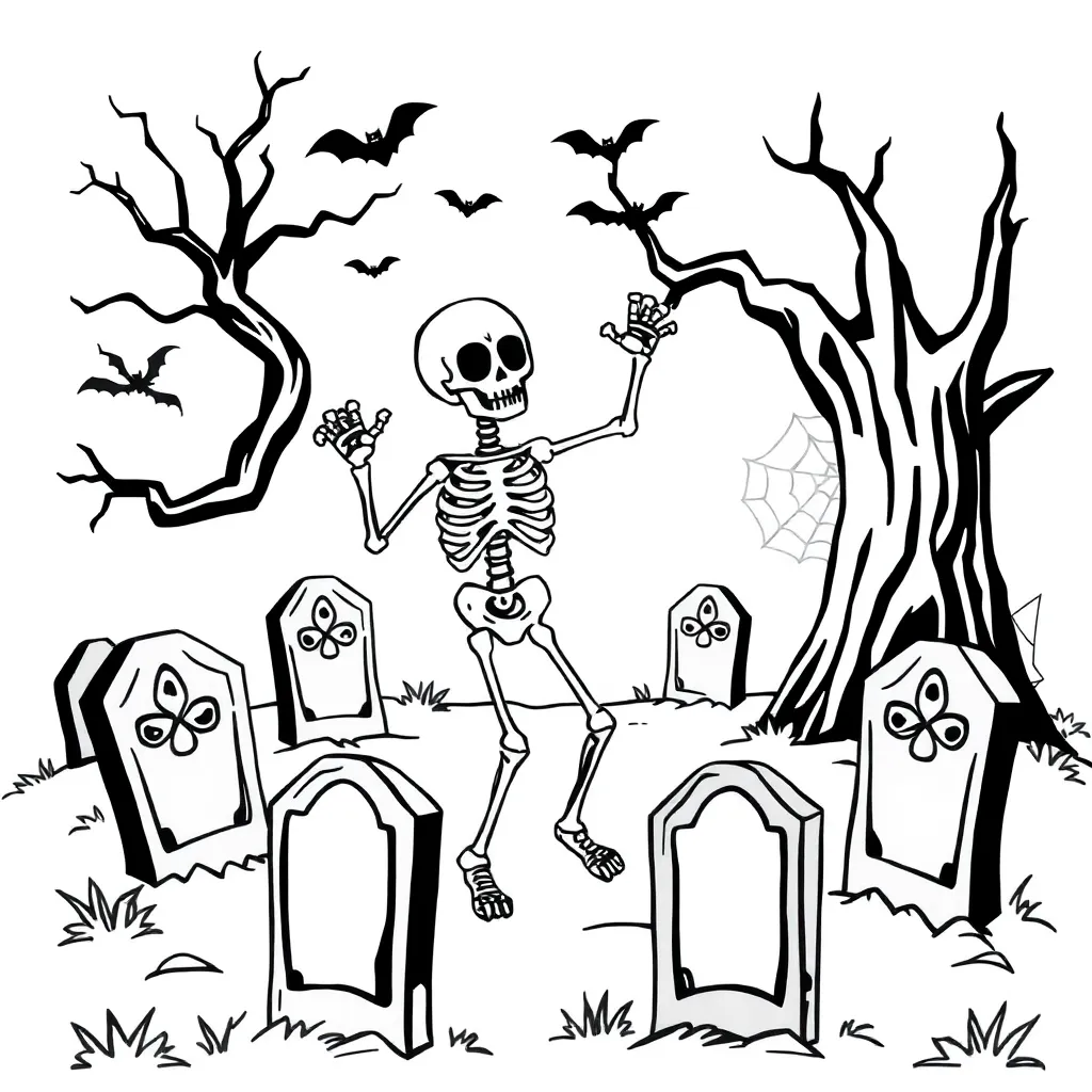 Dansend Skelet Halloween Griezelig Kerkhof Spinnenwebben ... coloring page for children