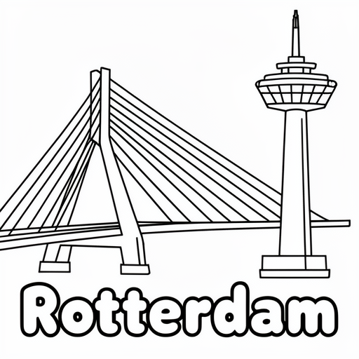 de erasmusbrug en de euromast uit rotterdam kleurplaat voor kinderen