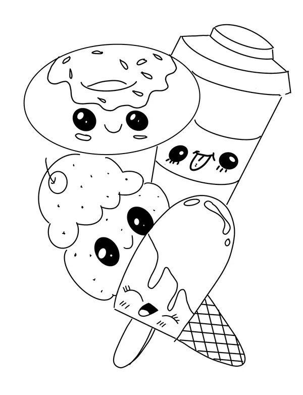 Different Kawaii Foods coloring page for children
