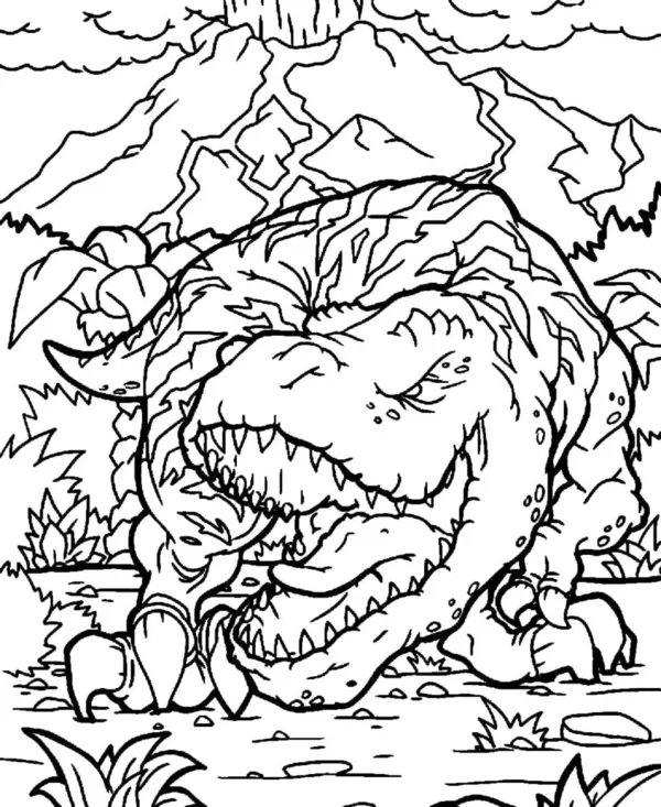 Dinosaur T Rex Vulcano coloring page for children
