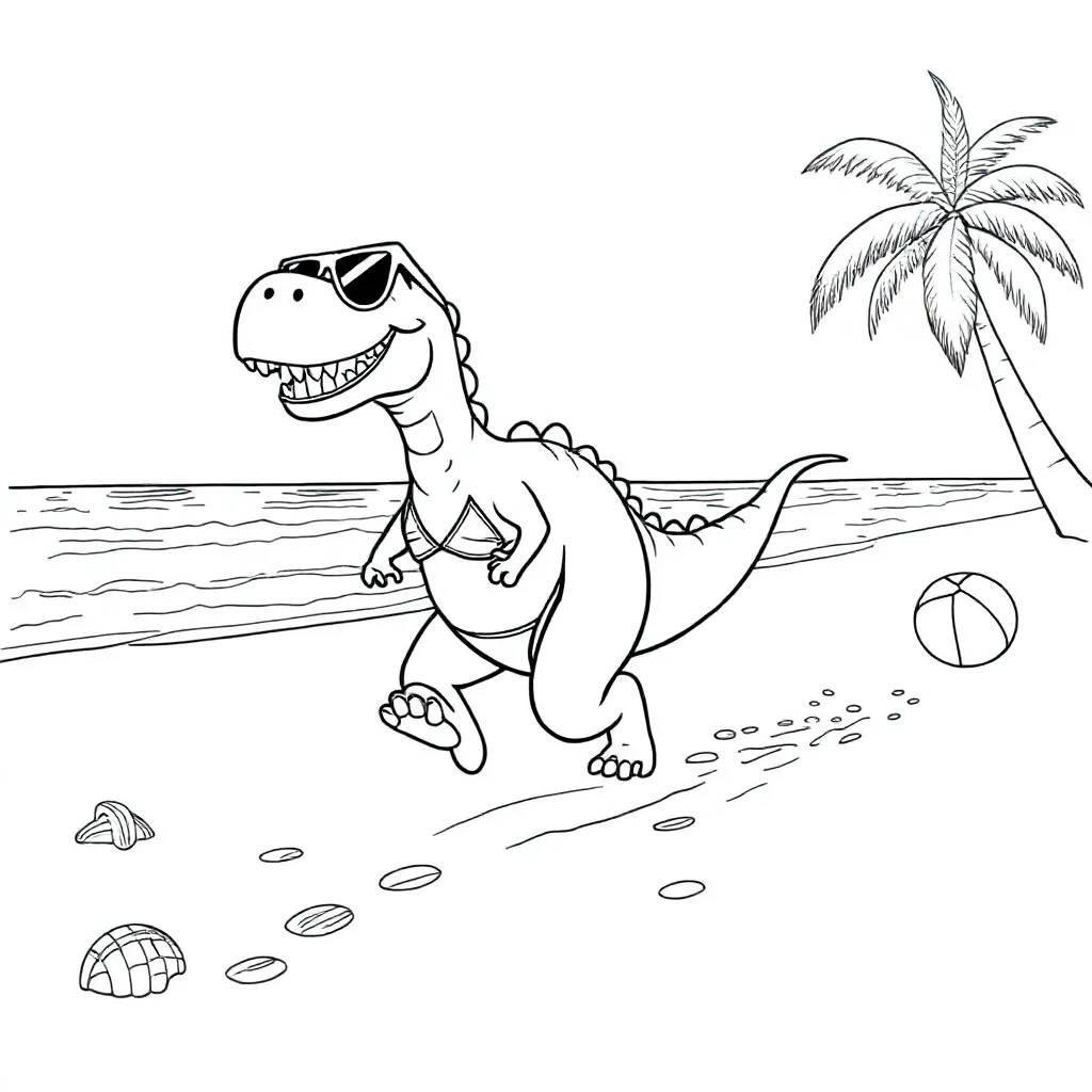 Dinosaurus Die Rent In Bikini Over Strand coloring page for children