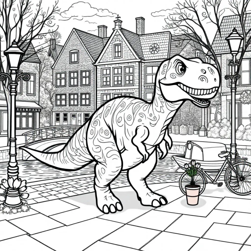 een dinosaurus die door het centrum van Alphen aan den Rijn lopen kleurplaat voor kinderen