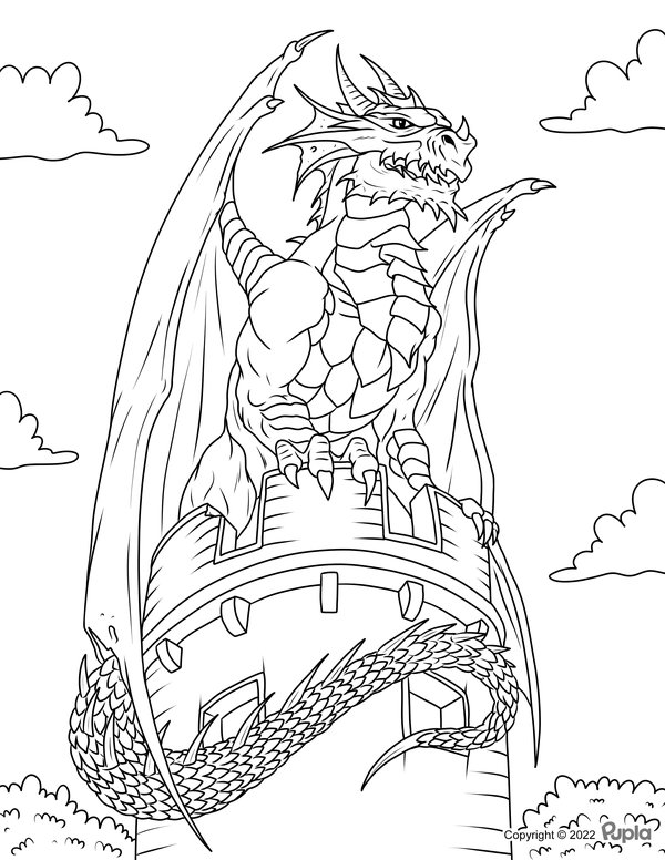 Feuille de coloriage Dragon sur le Château