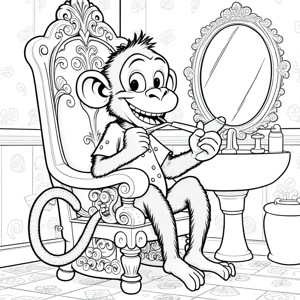een aap die tandenpoetst op een stoel coloring page for children