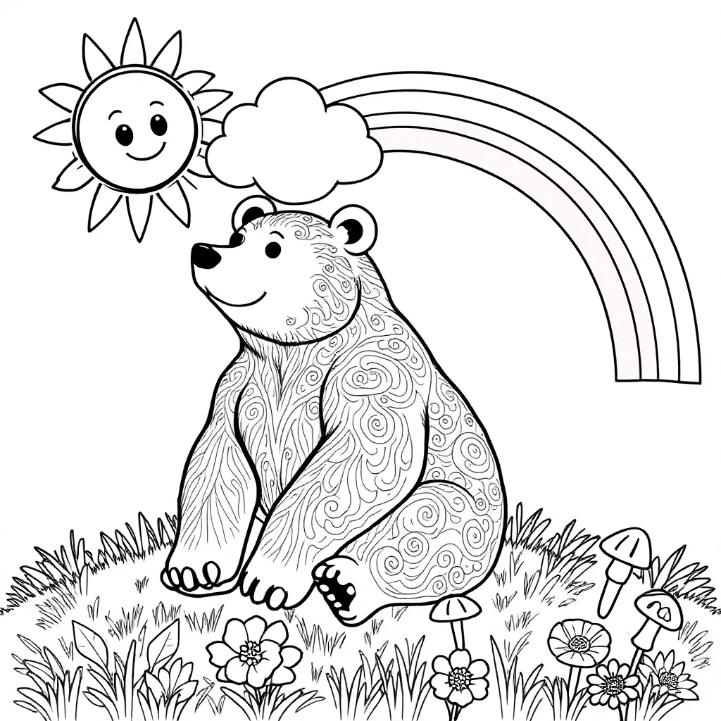 een beer op het gras met een zon, wolk en een regenboog coloring page for children