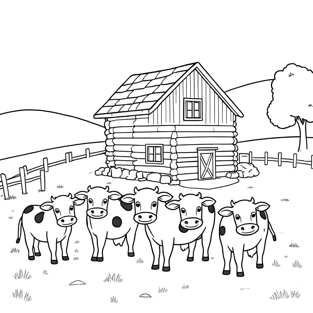 Een Boerderij Huisje Met Boerderij En Koeien coloring page for children