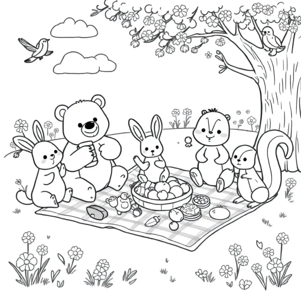 Een Groep Schattige Dieren Die Samen Een Picknick Houden coloring page for children