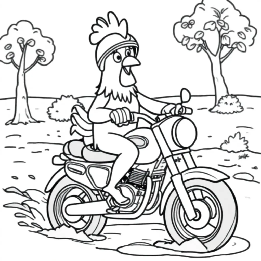 Een haan op een motor in de natuur die door de modder rijdt coloring page for children