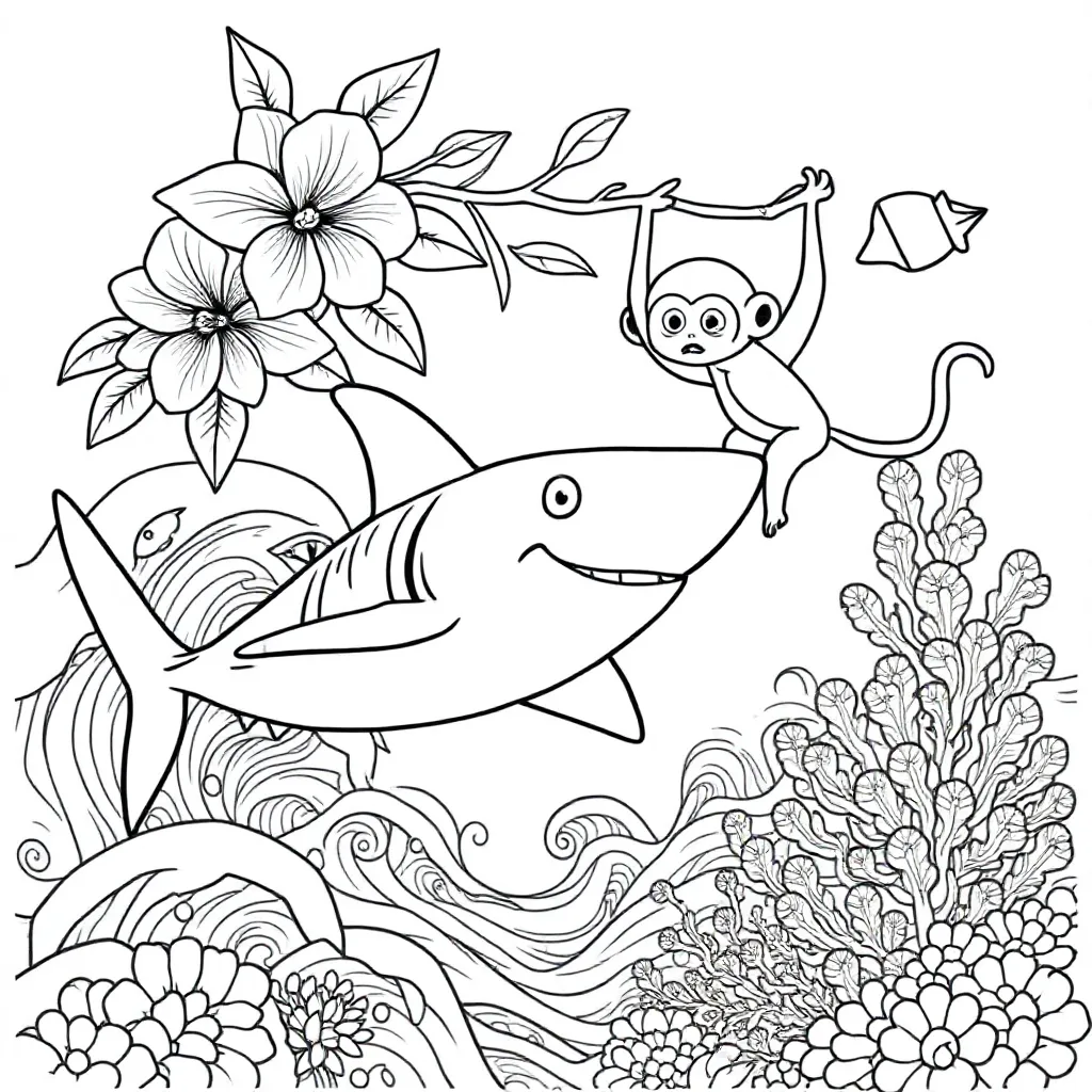 Een hai en een aap coloring page for children