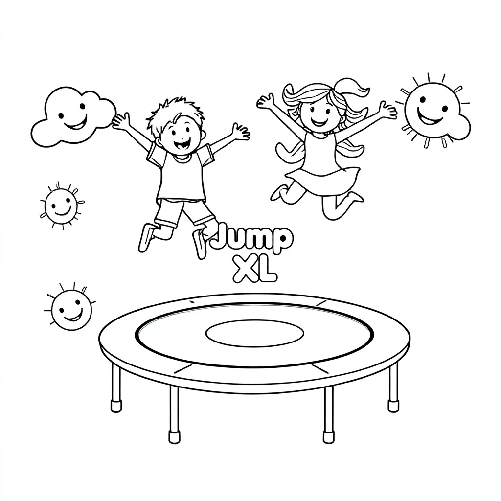 Een Jongen En Meisje Die Springen Op Een Trampoline Met Een Jump Xl Logo coloring page for children